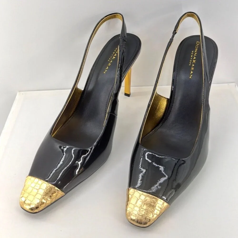 Donna Karan New York Savita Slingback Heels Black Gold Cap Toe Pumps Size 8.5
